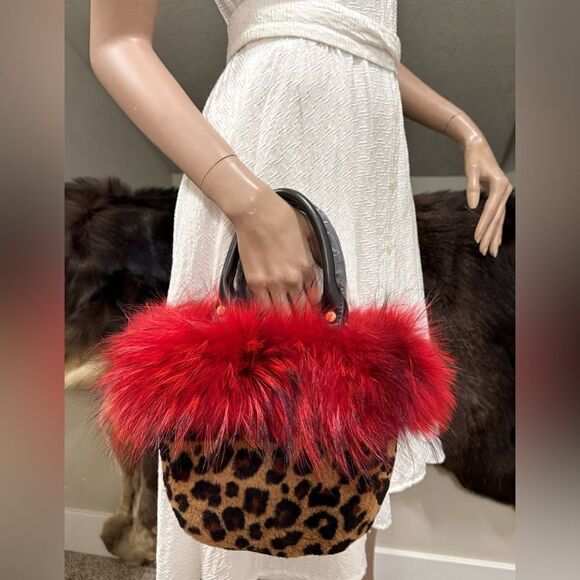 Leopard Handmade Real Fox Fur & Shearling leather Top Handles Bag/Multi Use Bag - Picture 2 of 16
